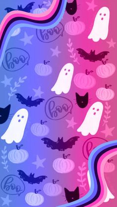 a colorful background with ghost and cats on it