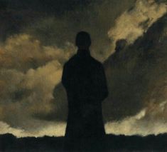 a painting of a man standing in front of a cloudy sky