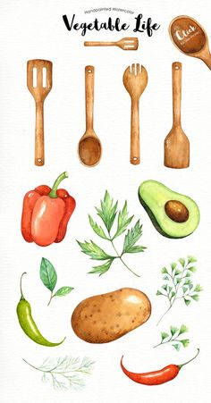 an illustration of vegetables and utensils drawn in watercolor on white paper with the words, vegetable life