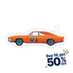 an orange muscle car with the number one on it's side and 50 % off