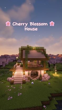 a house in the middle of a field with stairs and flowers on it that reads cherry blossom house