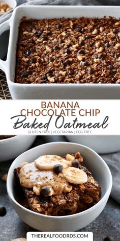 banana chocolate chip baked oatmeal in a white dish with bananas on top