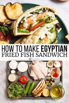 how to make egyptian fried fish sandwich with fresh vegetables and pita bread on the side