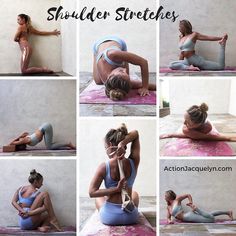 a woman is doing yoga poses on her stomach and back with the words, shoulder stretches