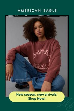 Super soft fleece/Crew neck/AE graphics/Ribbed cuffs & hem Graphic Tops, American Eagle Outfitters, Women's Jeans, American Eagle, Crew Neck Sweatshirt, Women Jeans, Shop Now, Crew Neck, Sweatshirts