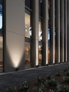 the outside of a large building with many windows and plants on the sidewalk in front of it