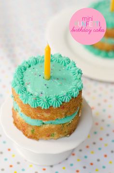 a birthday cake with a single candle on it sitting on top of a white plate