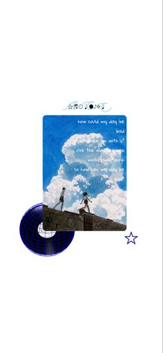 two people standing on top of a blue record with clouds in the sky behind them