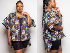 "Classic lightweight multi-color short sleeve high-low Ankara Kimono / cover up || Plus Size Cover Up Throw this on any outfit to get that extra pop of color and style. This Jacket is lightweight to allow you to wear it over heavy garments during the colder seasons or wear it for the spring and summer with your shorts ! It can be lined as a customization per customer's request. Send us a message it you would like to have this finishing. FEATURES ✨Colors - blue and gold ✨ Loose Fit Kimono ✨ Can b Casual Multicolor V-neck Cover-up, Oversized Open Front Top For Vacation, Oversized Open Front Vacation Top, Multicolor Half Sleeve Tops For Beach, Trendy Multicolor Beach Cover-up, Multicolor Short Sleeve Summer Cover-up, Summer Multicolor Short Sleeve Cover-up, Multicolor Oversized Casual Cover-up, Casual Oversized Multicolor Cover-up