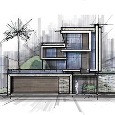 an architectural drawing of a modern house in the middle of a city with tall buildings