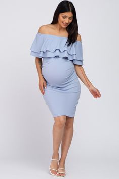 A maternity baby shower dress for stylish moms-to-be! A solid hued fitted maternity dress featuring an off shoulder ruffle neckline and ruched sides. The Light Blue Ruffle Off Shoulder Ruched Maternity Dress is perfectly bump-friendly! Powder Blue Baby Shower Dress, Light Blue Maternity Dress For Spring, Fitted Blue Maternity Dress For Summer, Fitted Ruffled Maternity Dress, Powder Blue Maternity Dress, Fitted Blue Maternity Dress With Ruffles, Blue Baby Shower Dress, Baby Shower Roses, Fitted Maternity Dress