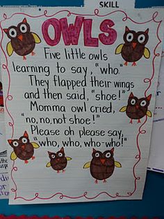 an owl themed classroom bulletin board with owls on it's back and words written in pink