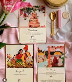 three cards with pictures of people on them next to flowers and a gold plated spoon