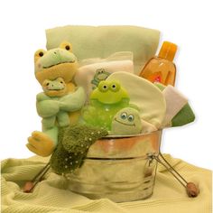 a basket filled with stuffed animals and other items