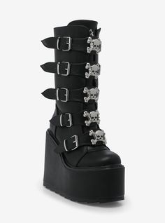 Nothing says rock on like these platform boots! This pair comes with silver-tone buckles  plus skull and crossbones charms. Comes with back zipper closures.Listed in women's sizes.3'' - 6'' platformPolyurethane upper; EVA soleImported Hot Topic Boots, Edgy Silver Platform Boots, Gothic Accessories Jewellery, Emo Shoes, Emo Boots, Goth Platform Boots, Skull Boots, Demonia Boots, Painted Canvas Shoes