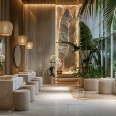 the bathroom is decorated in marble and features large mirrors, planters, and stools