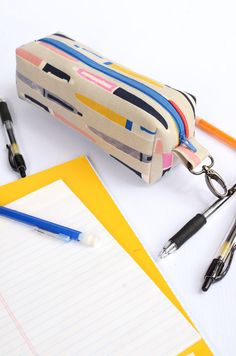 a pencil case sitting on top of a desk next to some pens and notebooks