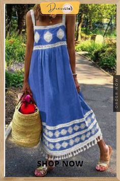 Casual Print Tassel Square Collar Straight Dresses(5 Colors) Casual Fringe Maxi Dress For Vacation, Casual Summer Maxi Dress With Fringe, Casual Tassel Maxi Dress For Spring, Casual Maxi Dresses With Tassels, Casual Blue Dress With Tassels, Casual Vacation Dresses With Tassels, Straight Dress, Color Pick, Shoulder Sleeve