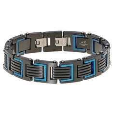 "Add a new element to your daily look with this handsome black and blue ion-plated stainless steel bracelet. Length: 8.5 in. with 0.5-in. lock extender Closure: magnetic Metal: stainless steel Plating: black ion plated, blue ion plated Finish: polished Packaging: boxed Please note, due to the high value of this item, a signature may be required upon delivery. Size: 8.5"". Gender: male. Age Group: adult." Modern Blue Jewelry With Stainless Steel Clasp, Lynx, Daily Look, Italian Charm Bracelet, Steel Bracelet, Stainless Steel Bracelet, Link Bracelets, Chain Bracelet, Black Blue