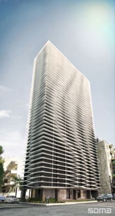 an architectural rendering of a tall building with many windows and balconies on the sides