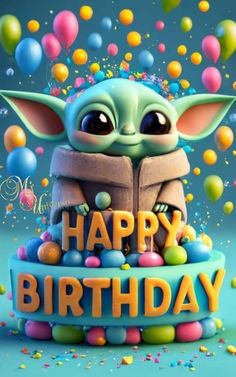 a baby yoda birthday cake with balloons and confetti