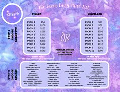 the power fairy price list is displayed on a purple and blue background with white lettering