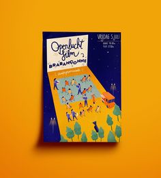 an open book with people walking around it on a yellow background and the cover is upside down