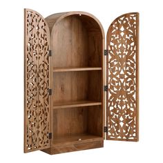 an open wooden bookcase with intricate carvings on the front and side panels, along with shelves