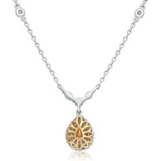 Journey through the heart of elegance with the Pear-shaped Yellow Diamond Necklace. This exquisite piece of fine jewelry is a testament to timeless beauty and sophistication. Whether you're dressing up for a special occasion or adding a touch of luxury to your everyday look, this necklace will never fail to impress.At its center, a mesmerizing 0.37 carat yellow pear-shaped diamond takes the spotlight, radiating a warm and inviting glow. The brilliance of this fancy yellow diamond is further enhanced by a halo of white accent diamonds that gracefully extend up the chain, creating an aura of unmatched opulence.Crafted with precision and attention to detail, this necklace boasts a length of 20.75 inches, ensuring it drapes elegantly around your neckline. The use of 18K white gold as the prima Formal Pear-shaped Diamond Cut Drop Necklace, Classic Teardrop Necklace With Elegant Design, Exquisite Pear-shaped Necklace For Anniversary, Exquisite Pear-shaped Anniversary Necklace, Luxury Pear-shaped Necklaces With Diamond Accents, Formal Teardrop Diamond Necklace With Gemstone, Formal Teardrop Gemstone Diamond Necklace, Formal Fine Jewelry Necklace With Teardrop Pendant, Formal Teardrop Pendant Fine Jewelry Necklace