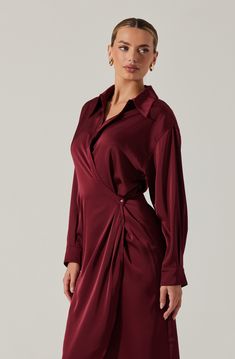 Satin wrap midi shirt dress Perfect for work to wherever Button and tie closure along wrap detail Dry clean only 100% Polyester Style #ACDR102477 V-neck Mini Dress With Tie Waist For Work, Formal Button-up Midi Dress With Tie Waist, Formal Midi Dress With Tie Waist And Surplice Neckline, Formal Long Sleeve Wrap Dress With Tie Waist, V-neck Shirt Dress With Button Closure For Work, Elegant Tie Waist Shirt Dress For Work, Elegant Long Sleeve Wrap Dress For Work, Chic Long Sleeve Wrap Dress For Office, Chic Long Sleeve Wrap Dress For Work