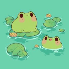 two frogs are floating in the water with lily pads on their backs and one frog has its eyes closed