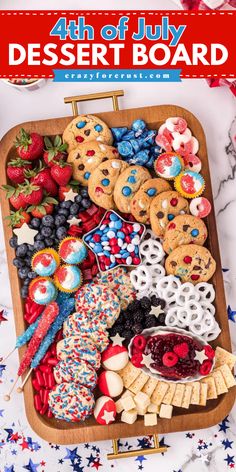 Learn how to make 4th of July Dessert Board! It's a simple 4th of July dessert. With an assortment of cookies, cupcakes, candy, cheese, and more, this dessert charcuterie board is fun to eat. Save this easy 4th of July recipe! 4th Of July Platter, Fourth Of July Board, Fourth Of July Dessert Board, July Fourth Desserts, Fourth Of July Desserts For A Crowd, Fouth Of July Desserts, 4th Of July Board, 4th Of July Potluck