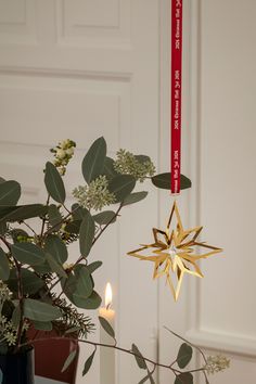 a star ornament hanging from a tree next to a candle and some greenery