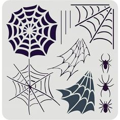 various spider webs and cobwebs on a white background with black outline