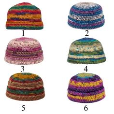 four hats with different colors and sizes are shown in this image, the top one is multicolored