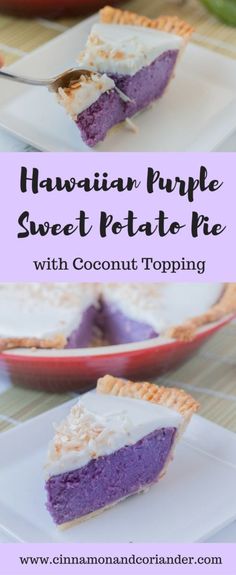 a slice of hawaiian purple sweet potato pie with coconut topping on a white plate next to the rest of the pie