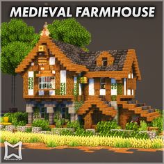 an image of a house made out of wood and bricks with the words medieval farmhouse