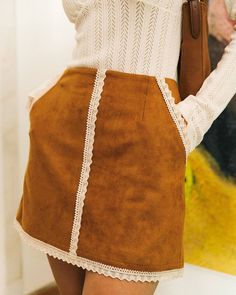 Free shipping on orders over $69. Shop the lace trim suede skirt - khaki - xs,s,m,l,xl at RIHOAS. 70s Skirt, Tailored Clothes, Retro Clothing, Velvet Skirt, Suede Dress, Suede Skirt, Kinds Of Clothes, Suede Fabric, Mini Velvet Dress