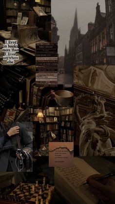 a collage of photos with books and chess pieces