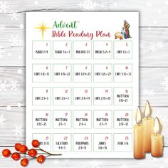 a printable bible reading plan with candles and christmas decorations