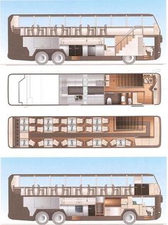 three views of the interior and exterior of a tour bus, from top to bottom