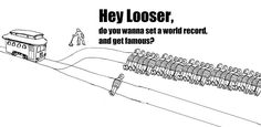 a line of people standing in front of a bus with the words hey closer, do you wanna set a world record and get famous?