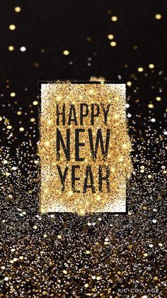 a happy new year card with gold glitters on the background and black text that reads,'happy new year '