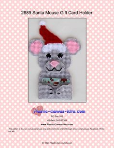 a cross stitch christmas ornament with a mouse on it's head and the words santa mouse gift card holder