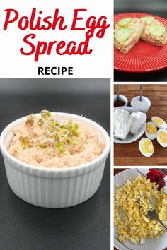 polish egg spread recipe collage with pictures of eggs, rice and other food items