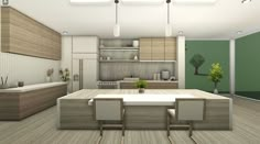 a modern kitchen with wooden floors and green walls