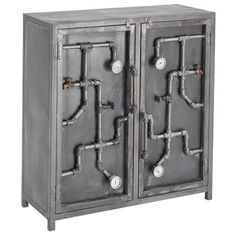 an old metal cabinet with pipes and valves on the doors is isolated against a white background