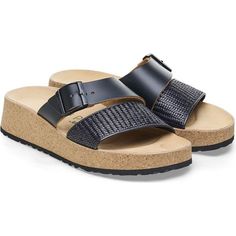 A new wedge from Papillio by BIRKENSTOCK®. The Almina's wide leather straps provide added stability while giving summer-ready raffia the space to stand out. As elevated as it looks, with a contoured footbed for the ultimate in support. Put your comfort above the rest. Contoured cork-latex footbed Natural leather and raffia upper Leather footbed lining helps keep you comfortable Lightweight EVA outsole Platform wedge heel: 15 mm Adjustable strap with metal pin buckle Made in Portugal Birkenstock Women, Platform Wedge Heels, Platform Wedge, Summer Ready, Platform Wedges, The Space, Natural Leather, Black Sandals, Wedge Heels