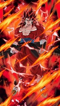 an anime character with red hair and blue eyes is flying through the air in flames