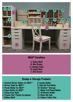 the instructions for how to build an ikea desk and chair with storage cabinets in it